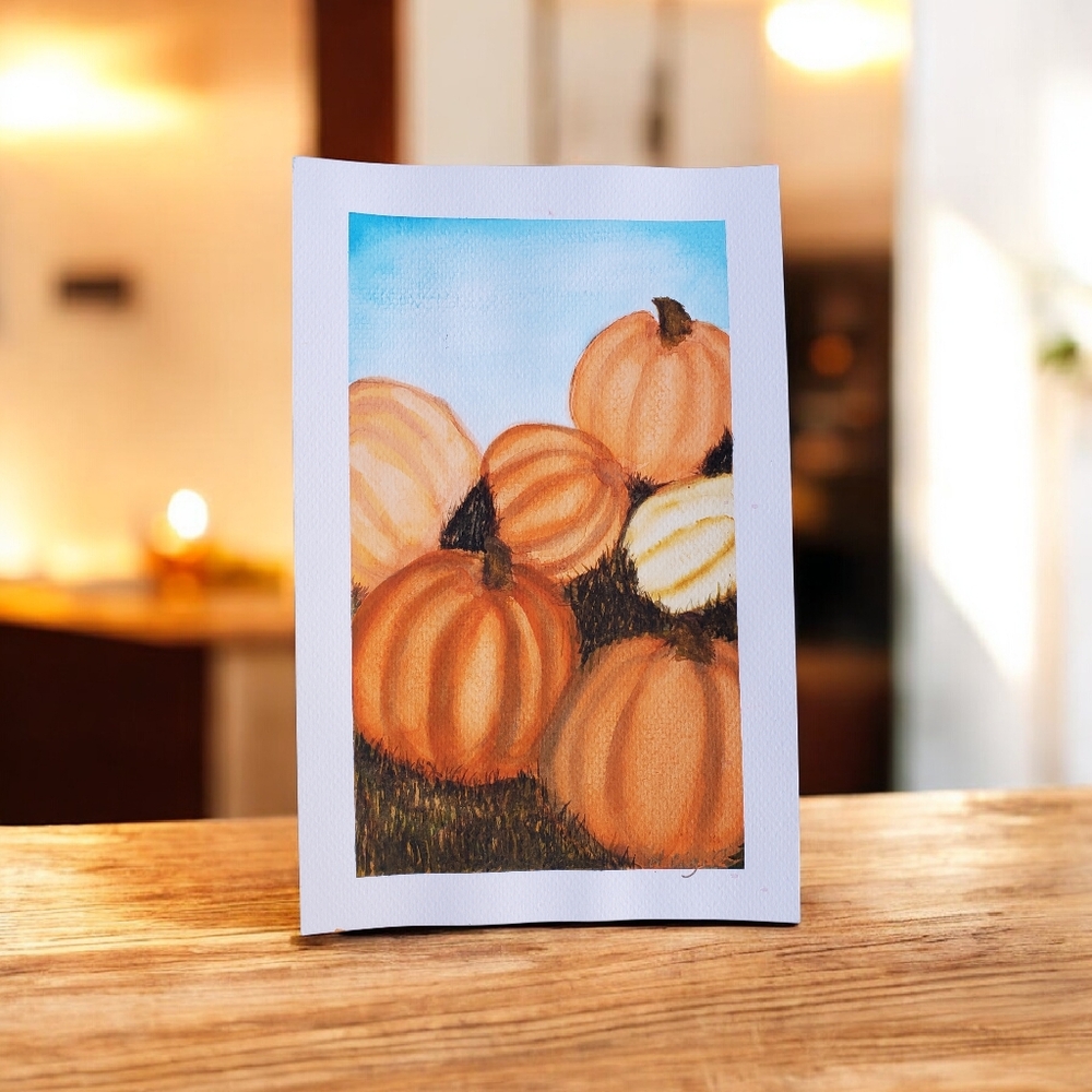 Autumn Pumpkin Art Original Painting - Orange and Blue